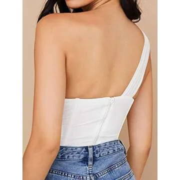 Avanova Women's Corset Crop Top One Shoulder Criss Cross Wrap Ruched Mesh Patchwork Bustiers Tank White Small