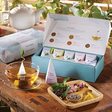 Tea Forte Wellbeing Organic Wellness Tea, Petite Presentation Box, Sampler Gift Set With Assorted Variety Handcrafted Pyramid Infuser Bags - Herbal, Green, 10 Count (Pack of 1)