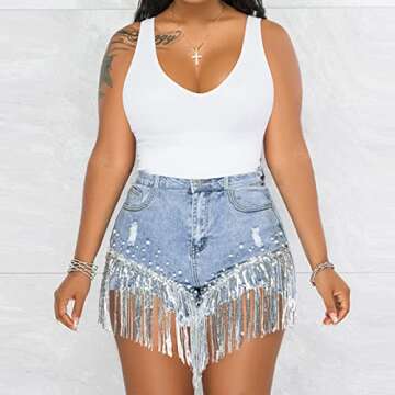CYLADY Women High Waisted Denim Shorts Ripped Jeans Frayed Raw Hem Tassels Jean Shorts, X-Large, Blue