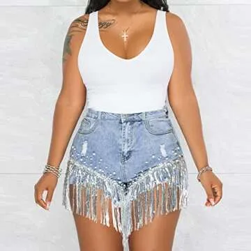 CYLADY Women High Waisted Denim Shorts Ripped Jeans Frayed Raw Hem Tassels Jean Shorts, X-Large, Blue