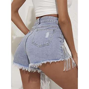 CYLADY Women High Waisted Denim Shorts Ripped Jeans Frayed Raw Hem Tassels Jean Shorts, X-Large, Blue