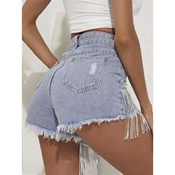CYLADY Women High Waisted Denim Shorts Ripped Jeans Frayed Raw Hem Tassels Jean Shorts, X-Large, Blue