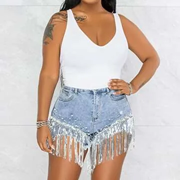 CYLADY Women High Waisted Denim Shorts Ripped Jeans Frayed Raw Hem Tassels Jean Shorts, X-Large, Blue