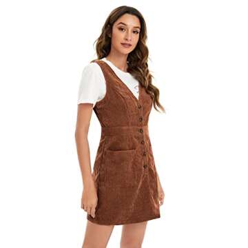 Floerns Women's V Neck Sleeveless Corduroy Button Pinafore Overall Mini Dress