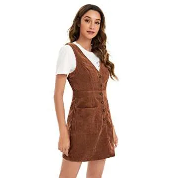 Floerns Women's V Neck Sleeveless Corduroy Button Pinafore Overall Mini Dress