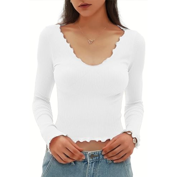 CHYRII Womens Fashion Fall Long Sleeve Tops Ruffled Low Cut Basic Layering Tee Shirts Crop Tops White S