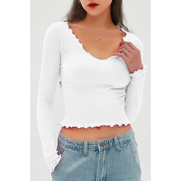 CHYRII Womens Fashion Fall Long Sleeve Tops Ruffled Low Cut Basic Layering Tee Shirts Crop Tops White S