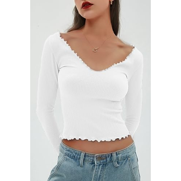 CHYRII Womens Fashion Fall Long Sleeve Tops Ruffled Low Cut Basic Layering Tee Shirts Crop Tops White S