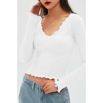 CHYRII Womens Fashion Fall Long Sleeve Tops Ruffled Low Cut Basic Layering Tee Shirts Crop Tops White S