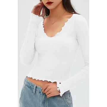 CHYRII Womens Fashion Fall Long Sleeve Tops Ruffled Low Cut Basic Layering Tee Shirts Crop Tops White S