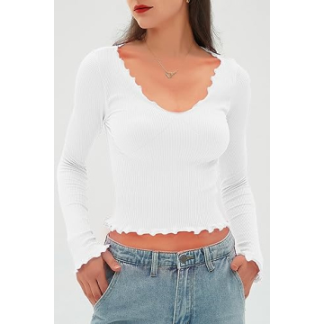 CHYRII Womens Fashion Fall Long Sleeve Tops Ruffled Low Cut Basic Layering Tee Shirts Crop Tops White S