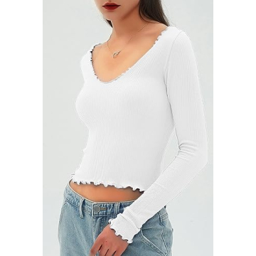 CHYRII Womens Fashion Fall Long Sleeve Tops Ruffled Low Cut Basic Layering Tee Shirts Crop Tops White S
