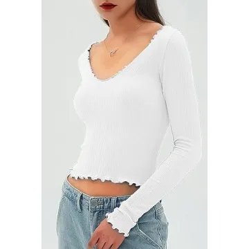 CHYRII Womens Fashion Fall Long Sleeve Tops Ruffled Low Cut Basic Layering Tee Shirts Crop Tops White S