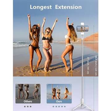 45'' Selfie Stick with Light, Travel Tripod Essentials with Wireless Remote, Portable Cell Phone Tripod Stand, Beach Cruise Ship Essentials for Family, Compatible with 4-7.2" All Smartphone