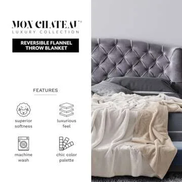 Mon Chateau Luxury Over-Sized Ultra Soft Reversible Flannel Throw Blanket for Couch, Sofa, or Queen Size Bed - Plush Cozy Soft Blanket for Sleeping or Home Decor - 98" x 92" (Beige - Queen)