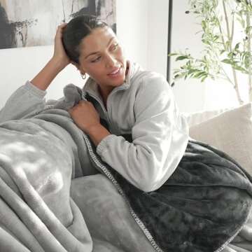 Mon Chateau Luxury Over-Sized Ultra Soft Reversible Flannel Throw Blanket for Couch, Sofa, or Queen Size Bed - Plush Cozy Soft Blanket for Sleeping or Home Decor - 98" x 92" (Beige - Queen)