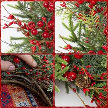 VioletEverGarden Artificial Christmas Wreath 22 Inch Christmas Wreaths for Front Door Large Winter Wreath with Pine Cones and Red Berries for Outdoor Indoor Holiday Xmas Celebration(Red)
