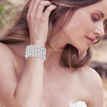 EVER FAITH Women's Austrian Crystal Round Shaped Bridal Elastic Stretch Bracelet Clear Silver-Tone