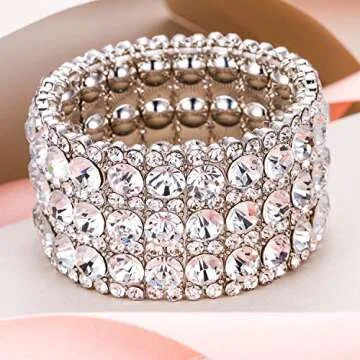 EVER FAITH Women's Austrian Crystal Round Shaped Bridal Elastic Stretch Bracelet Clear Silver-Tone