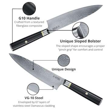 Yatoshi Magnetic Kitchen Knife Block Set 6 Pcs - Japanese 67 Layer High-Grade VG-10 Damascus Steel Knives, Sharp, G10 Handle Professional Kitchen Knife Set