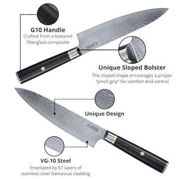 Yatoshi Magnetic Kitchen Knife Block Set 6 Pcs - Japanese 67 Layer High-Grade VG-10 Damascus Steel Knives, Sharp, G10 Handle Professional Kitchen Knife Set