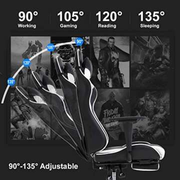 PC Gaming Chair Office Chair Ergonomic Massage PU Leather Recliner Computer Chair with Lumbar Support Rolling Swivel Task Chair for Adults, White
