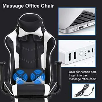 PC Gaming Chair Office Chair Ergonomic Massage PU Leather Recliner Computer Chair with Lumbar Support Rolling Swivel Task Chair for Adults, White