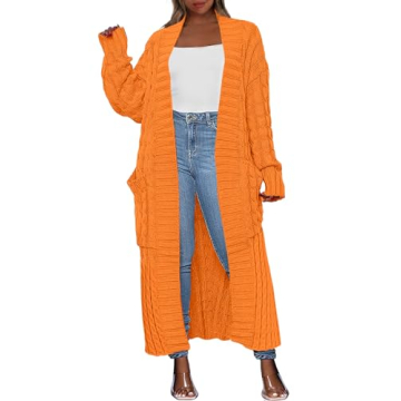 Caracilia Women's Long Cardigan Sweater - Open Front Cable Knit Duster