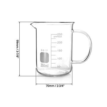 QWORK Beaker with Handle, 250ml/8.45oz, Measuring Cup, Borosilicate Glass, Beaker Mug with Pouring Spout, 2 Pack