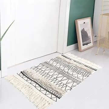 Boho Bathroom Rug 2' x 3' KIMODE Washable Woven Cotton Tufted Throw Rug with Tassels Geometric Farmhouse Woven Tribal Small Area Rug Doormat for Laundry Room/Hallway EntryWay
