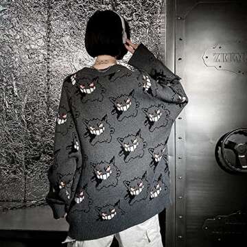 BZB Women's Devil Oversized Sweater Batwing Long Sleeve Crewneck Sweaters Monster Pattern Casual BF Harajuku Gothic Loose Knit Pullover Jumper Tops Grey