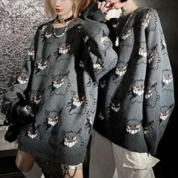 BZB Women's Devil Oversized Sweater Batwing Long Sleeve Crewneck Sweaters Monster Pattern Casual BF Harajuku Gothic Loose Knit Pullover Jumper Tops Grey