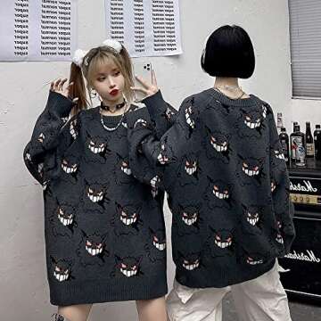 BZB Women's Devil Oversized Sweater Batwing Long Sleeve Crewneck Sweaters Monster Pattern Casual BF Harajuku Gothic Loose Knit Pullover Jumper Tops Grey