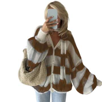 Naileksi Women V Neck Striped Color Block Knit Cardigan Long Lantern Sleeve Oversized Button Down Sweater Top and Scarf Camel