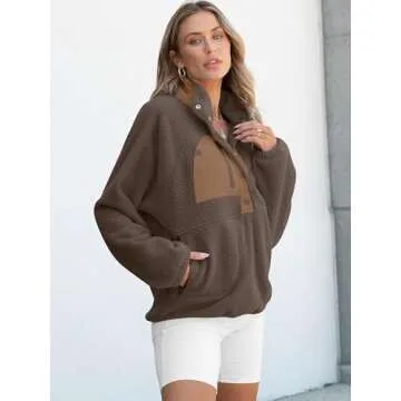 ANRABESS Women Fleece Sherpa Pullover Sweatshirt Cropped Loose Fuzzy Jacket Soft Button Down Winter Outerwear with Pockets Brown Medium