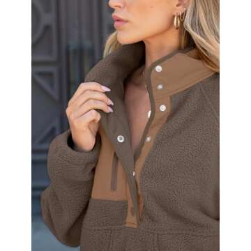 ANRABESS Women Fleece Sherpa Pullover Sweatshirt Cropped Loose Fuzzy Jacket Soft Button Down Winter Outerwear with Pockets Brown Medium
