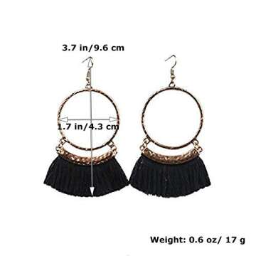 Livtor Fan Tassel Earrings Hoop Drop Dangle Earrings Fish Hook Earring for Daily Wear, Wedding, Party etc(Black)