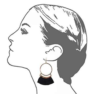 Livtor Fan Tassel Earrings Hoop Drop Dangle Earrings Fish Hook Earring for Daily Wear, Wedding, Party etc(Black)