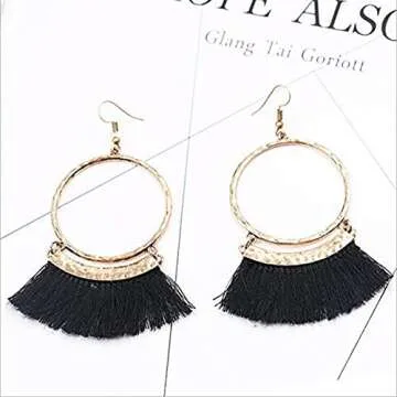 Livtor Fan Tassel Earrings Hoop Drop Dangle Earrings Fish Hook Earring for Daily Wear, Wedding, Party etc(Black)