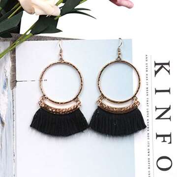Livtor Fan Tassel Earrings Hoop Drop Dangle Earrings Fish Hook Earring for Daily Wear, Wedding, Party etc(Black)
