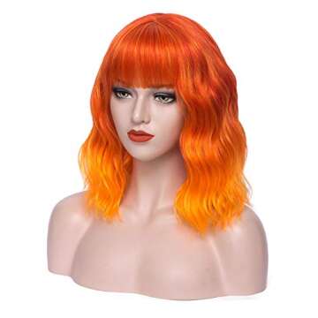 Mersi Orange Wigs for Women Costume 13'' Short Curly Wavy Bob Hair Wig with Bangs Cute Wigs for Party Halloween S046OR