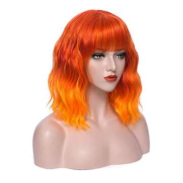 Mersi Orange Wigs for Women Costume 13'' Short Curly Wavy Bob Hair Wig with Bangs Cute Wigs for Party Halloween S046OR
