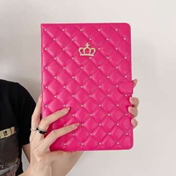 Poeme Creation Case for iPad 10th Generation 10.9" 2022, PU Leather Crown Bling Folio Stand Cover with Built-in Apple Pencil Holder and Multiple Viewing Angles (Rose Pink)