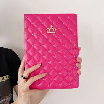Poeme Creation Case for iPad 10th Generation 10.9" 2022, PU Leather Crown Bling Folio Stand Cover with Built-in Apple Pencil Holder and Multiple Viewing Angles (Rose Pink)