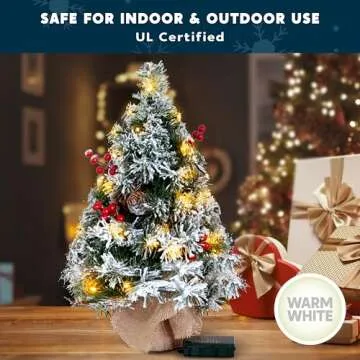 Joiedomi 24"/2FT Snow Flocked Prelit Tabletop Christmas Tree for Best Christmas Home Decorations (Battery Operated)
