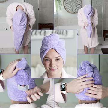 3 Pack Microfiber Hair Towel Wrap with Button - Super Absorbent Quick Dry Turban for Women, Men & Kids - Ideal for Curly, Long, Thick Hair - Fast Drying Towels, Anti Frizz, 11x30" (Hydrangea Purple)