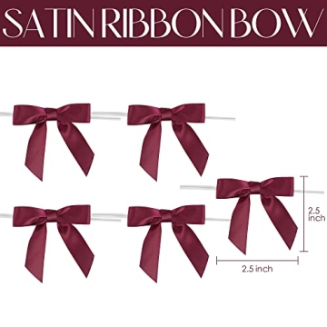 AIMUDI Burgundy Twist Tie Bows 2.5" Pre Tied Maroon Bows Premade Satin Gift Bows for Crafts Wine Bows for Treat Bags Gift Wrapping Wedding Baby Shower Party Favors Christmas Tree Decor - 50 Counts