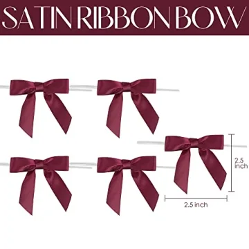 AIMUDI Burgundy Twist Tie Bows 2.5" Pre Tied Maroon Bows Premade Satin Gift Bows for Crafts Wine Bows for Treat Bags Gift Wrapping Wedding Baby Shower Party Favors Christmas Tree Decor - 50 Counts