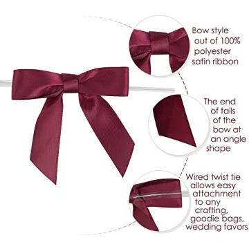 AIMUDI Burgundy Twist Tie Bows 2.5" Pre Tied Maroon Bows Premade Satin Gift Bows for Crafts Wine Bows for Treat Bags Gift Wrapping Wedding Baby Shower Party Favors Christmas Tree Decor - 50 Counts