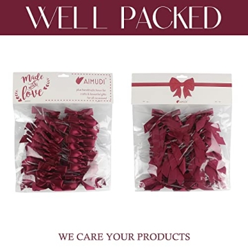 AIMUDI Burgundy Twist Tie Bows 2.5" Pre Tied Maroon Bows Premade Satin Gift Bows for Crafts Wine Bows for Treat Bags Gift Wrapping Wedding Baby Shower Party Favors Christmas Tree Decor - 50 Counts